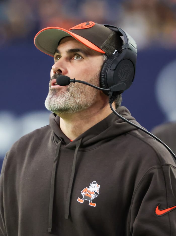 Dec 24, 2023; Houston, Texas, USA; Cleveland Browns head coach Kevin Stefanski looks at the clock as the Browns play the Houston Texans in the second quarter at NRG Stadium.